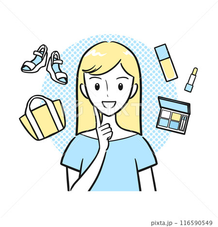 ショッピングを楽しむ若い女性のイメージイラスト（背景あり・シンプル） 116590549