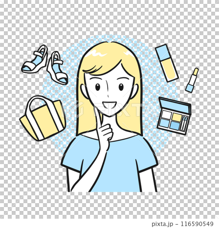ショッピングを楽しむ若い女性のイメージイラスト（背景あり・シンプル） 116590549
