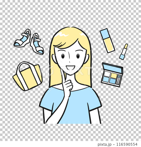 Illustration of a young woman enjoying shopping (simple, no background) 116590554