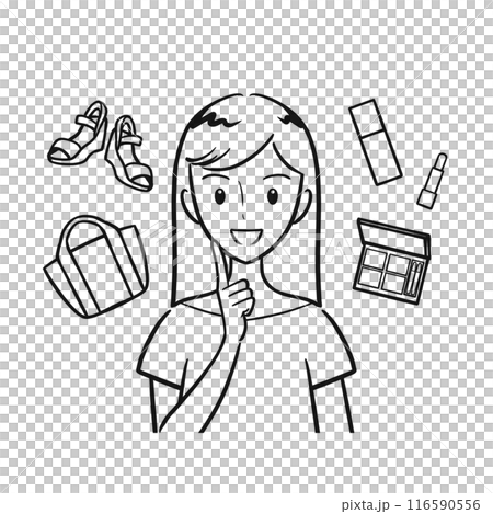 Illustration of a young woman enjoying shopping (line drawing) Illustration of a young woman enjoying shopping (line drawing) 116590556