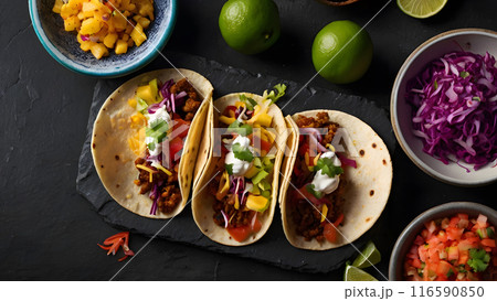 Mexican tacos arranged on a black stone table 116590850