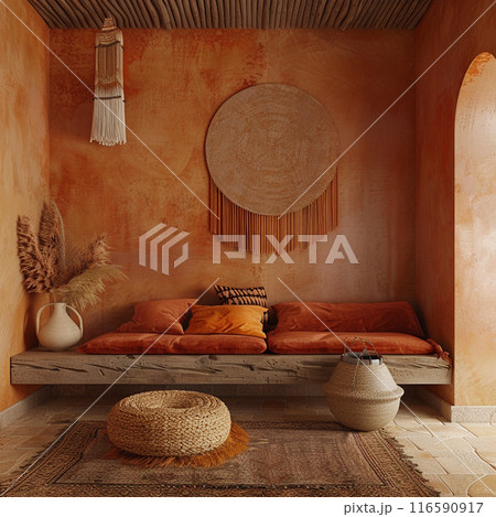 Ethnic interior in ocher color. Stone texture, Rust, cotton. 116590917