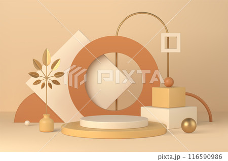 Boho interior minimal scene with podium and geometric forms 3d vector illustration Boho interior minimal scene with podium and geometric forms 3d vector illustration 116590986