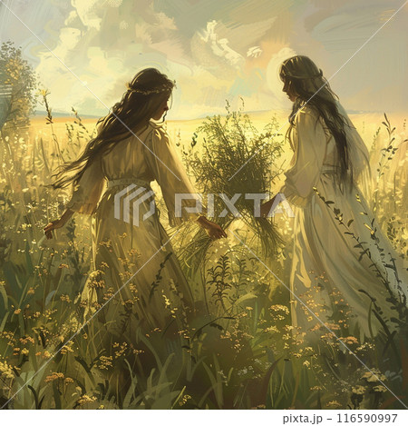 Girls collect medicinal herbs in the field in long sundresses at dawn. Knowing mother. Illustration 116590997