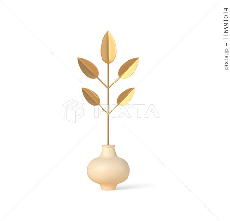 Golden twig 3d with leaves in pot vector template. Bright decor with metallic sheen for offices and home interiors. 116591014