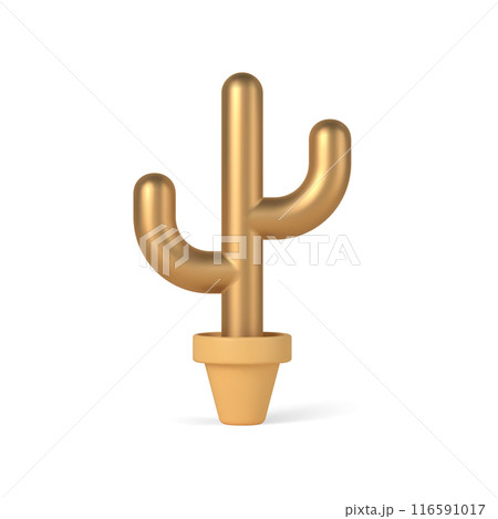 Gold 3d cactus in pot vector template. Decorative metal decoration succulent with expensive shine. Gold 3d cactus in pot vector template. Decorative metal decoration succulent with expensive shine. 116591017