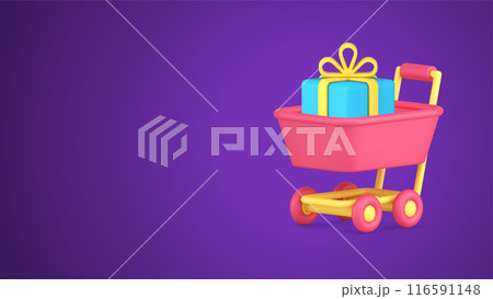 Shopping special offer sale discount supermarket trolley with wrapped gift box 3d icon vector 116591148