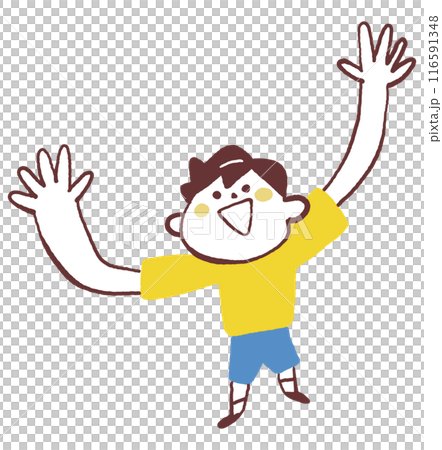大きく空に向かって手を広げる男の子　ストックイラスト素材 116591348