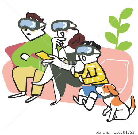 ヘッドセットを付けて仮想現実の世界を楽しむ家族　ストックイラスト素材 116591353