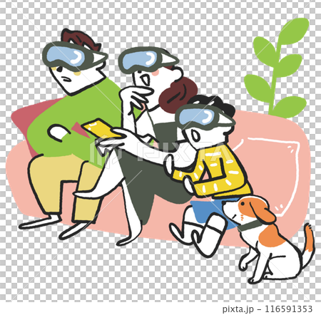 ヘッドセットを付けて仮想現実の世界を楽しむ家族　ストックイラスト素材 116591353