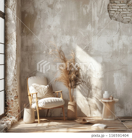 Gallery wall mockup in home interior background, living room in Scandi Boho style 116591404