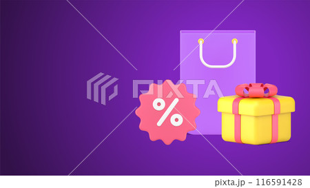 Seasonal sale discount paper shopping bag and festive gift box 3d icon isometric vector illustration Seasonal sale discount paper shopping bag and festive gift box 3d icon isometric vector illustration 116591428