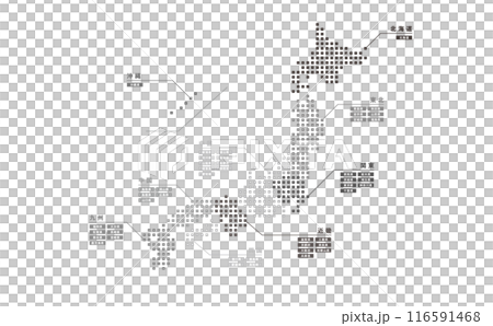 Simple and cool black and white map of Japan_Monotone design of prefectures represented by gray square dots 116591468