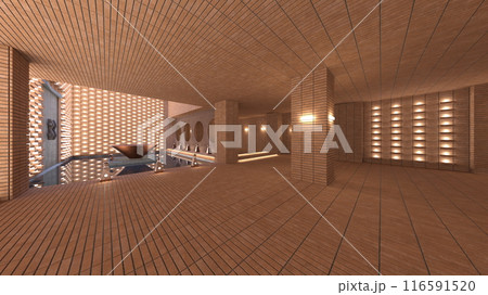 繊細なデザインの木製格子がある廊下 116591520