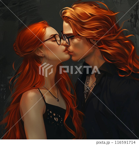 A long-haired girl with red hair, glasses and a black dress kisses her boyfriend, he has long red hair and fair skin. Black background 116591714