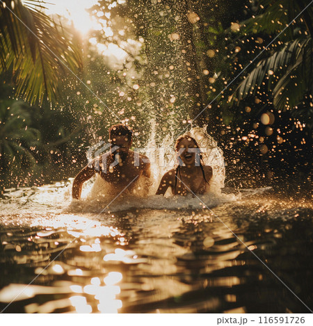 Beautiful couple splashing in a lake in the jungle 116591726