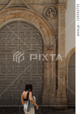 A woman by a large door, near medieval architecture and brickwork 116591735