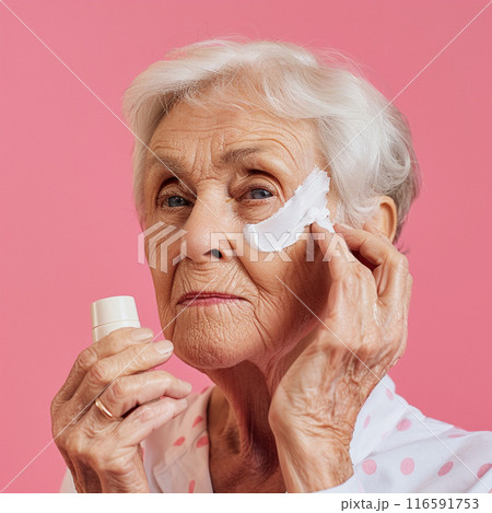 Beautiful gorgeous 50s mid aged mature woman looking at camera isolated on white. Mature old lady close up portrait. Healthy face skin care beauty, middle age skincare cosmetics, cosmetology concept 116591753