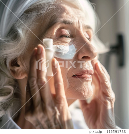 Beautiful gorgeous 50s mid aged mature woman looking at camera isolated on white. Mature old lady close up portrait. Healthy face skin care beauty, middle age skincare cosmetics, cosmetology concept 116591788