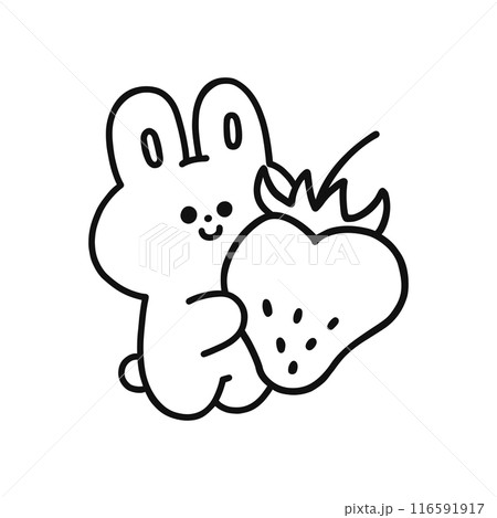 イチゴを持ったかわいいウサギのイラスト・線画 116591917