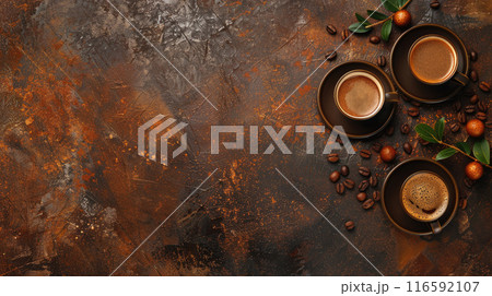 Cozy coffee-themed background with cups, coffee beans, and flat lay arrangement in retro brown tones. Cozy coffee-themed background with cups, coffee beans, and flat lay arrangement in retro brown tones. 116592107