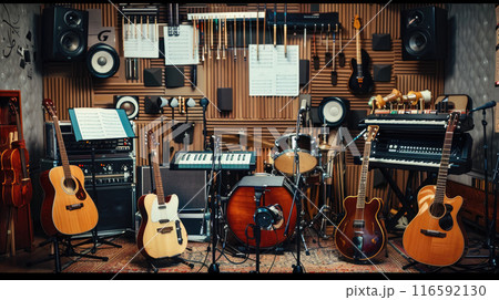 A music room with guitars, violins, keyboards, drums, sheet music stands, theory books, soundproof panels A music room with guitars, violins, keyboards, drums, sheet music stands, theory books, soundproof panels 116592130