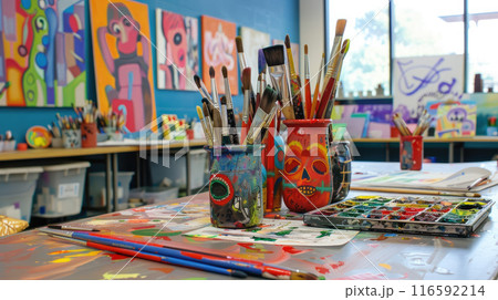 Art classroom with paint brushes, acrylic paints, drawing paper, sculpting tools, art pieces, murals, inspiration boards 116592214