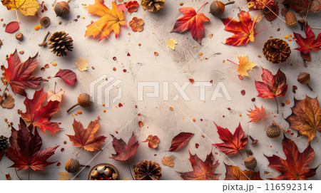 Background of autumn leaves in shades of red, orange, and yellow scattered around the edges of the image 116592314