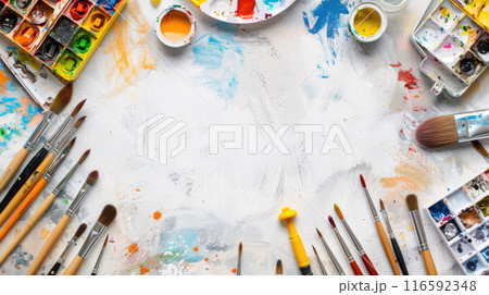 A flat lay of art supplies such as paint brushes, watercolor palettes, colored pencils, and sketchbooks. A flat lay of art supplies such as paint brushes, watercolor palettes, colored pencils, and sketchbooks. 116592348
