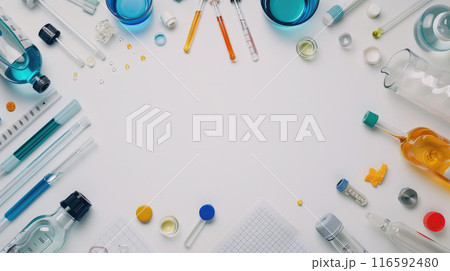 White background with beakers, test tubes, chemical bottles and syringes. Empty space for text, flat lay, top view. White background with beakers, test tubes, chemical bottles and syringes. Empty space for text, flat lay, top view. 116592480