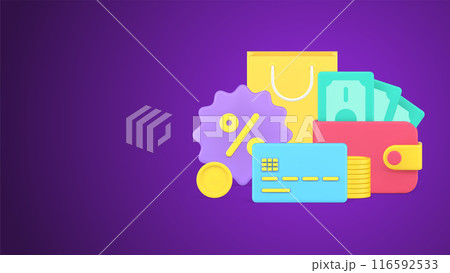 Seasonal sale, discount, black friday with paper shopping bag and percentage symbol 3d icon 116592533