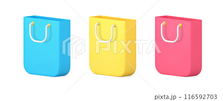 Collection bright glossy rectangle paper shopping bag with handles and curved edges 3d icon Collection bright glossy rectangle paper shopping bag with handles and curved edges 3d icon 116592703