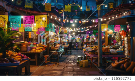 Colorful Mexican Street Food Market At Night. Festive Cinco de Mayo Decorations. Assortment Of Traditional Food Colorful Mexican Street Food Market At Night. Festive Cinco de Mayo Decorations. Assortment Of Traditional Food 116592773