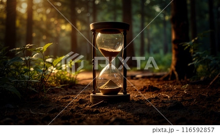 Hourglass in the forest in a sunny day.Time measuring concept.Ai Generated Hourglass in the forest in a sunny day.Time measuring concept.Ai Generated 116592857