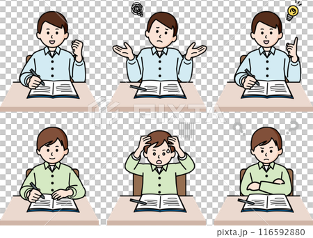 Set of 6 upper body poses: A man in casual clothes writing a note 116592880