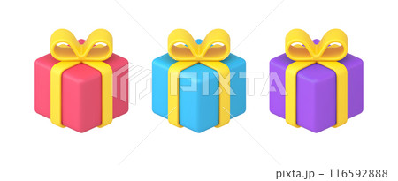 Isometric multicolored gift boxes tied by yellow bow ribbon for seasonal holiday congrats 3d icon Isometric multicolored gift boxes tied by yellow bow ribbon for seasonal holiday congrats 3d icon 116592888