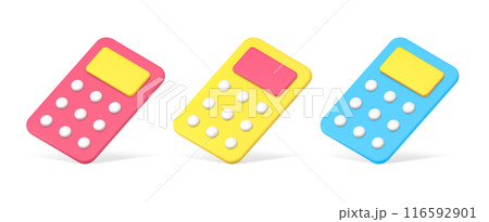 Collection calculators with buttons and display for mathematics counting numbers checking 3d icon 116592901