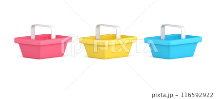 Isometric multicolored collection supermarket basket with handle comfortable carrying 3d icon vector 116592922