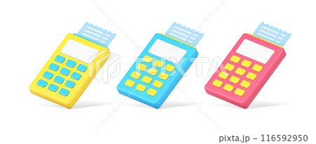Bright isometric POS terminal set with paper receipt successful banking transaction invoice 116592950