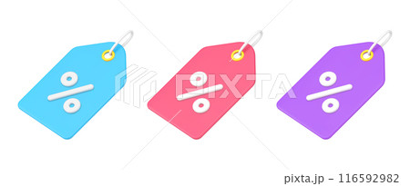 Bright paper percentage tags with hole and rope for hanging set 3d icon template vector illustration Bright paper percentage tags with hole and rope for hanging set 3d icon template vector illustration 116592982