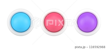 Set of multicolored circled buttons for user interface panel control power on and off switch 3d icon 116592988