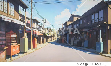 昭和風街並み　レトロな街並みイメージ　日本風　アニメ風　田舎　地方　お店　商店街　AI生成 116593086