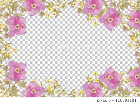 Garden and wild flowers. Modern floral frame. Wildflowers are yellow and fuchsia colors. Ideal for decorating packaging, tableware, kitchen utensils, tablecloths, wallpaper and fabric. Wall of flowers Garden and wild flowers. Modern floral frame. Wildflowers are yellow and fuchsia colors. Ideal for decorating packaging, tableware, kitchen utensils, tablecloths, wallpaper and fabric. Wall of flowers 116593181