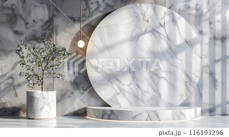 Empty marble podium for product display on gray background. top view 116593296