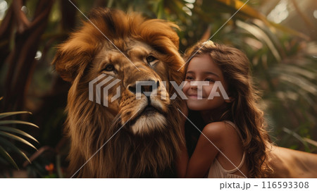 A girl hugging with lion 116593308