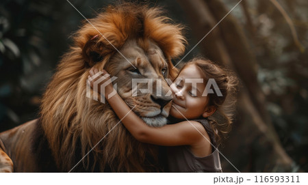 A girl hugging with lion 116593311