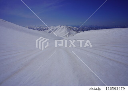 冬季月山の雪原の模様と湯殿山 116593479