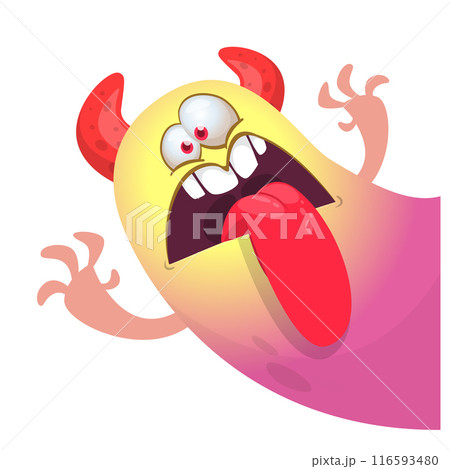 Cartoon scary flying ghost with funny face expression waving hands . Vector illustration isolated on white. Halloween design Cartoon scary flying ghost with funny face expression waving hands . Vector illustration isolated on white. Halloween design 116593480