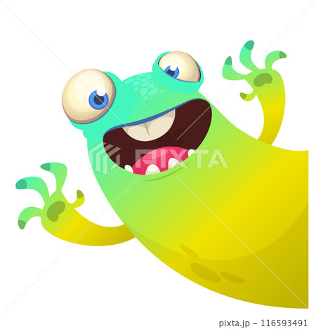 Cartoon scary monster with funny face expression waving hands . Vector illustration isolated on white. Halloween design 116593491