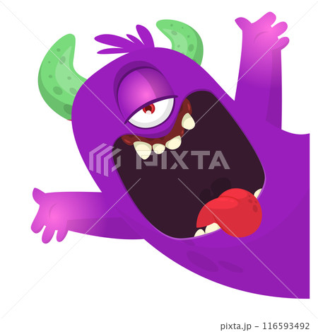 Cartoon happy monster one eye flying.  Vector illustration isolated on white. For Halloween party or package design 116593492
